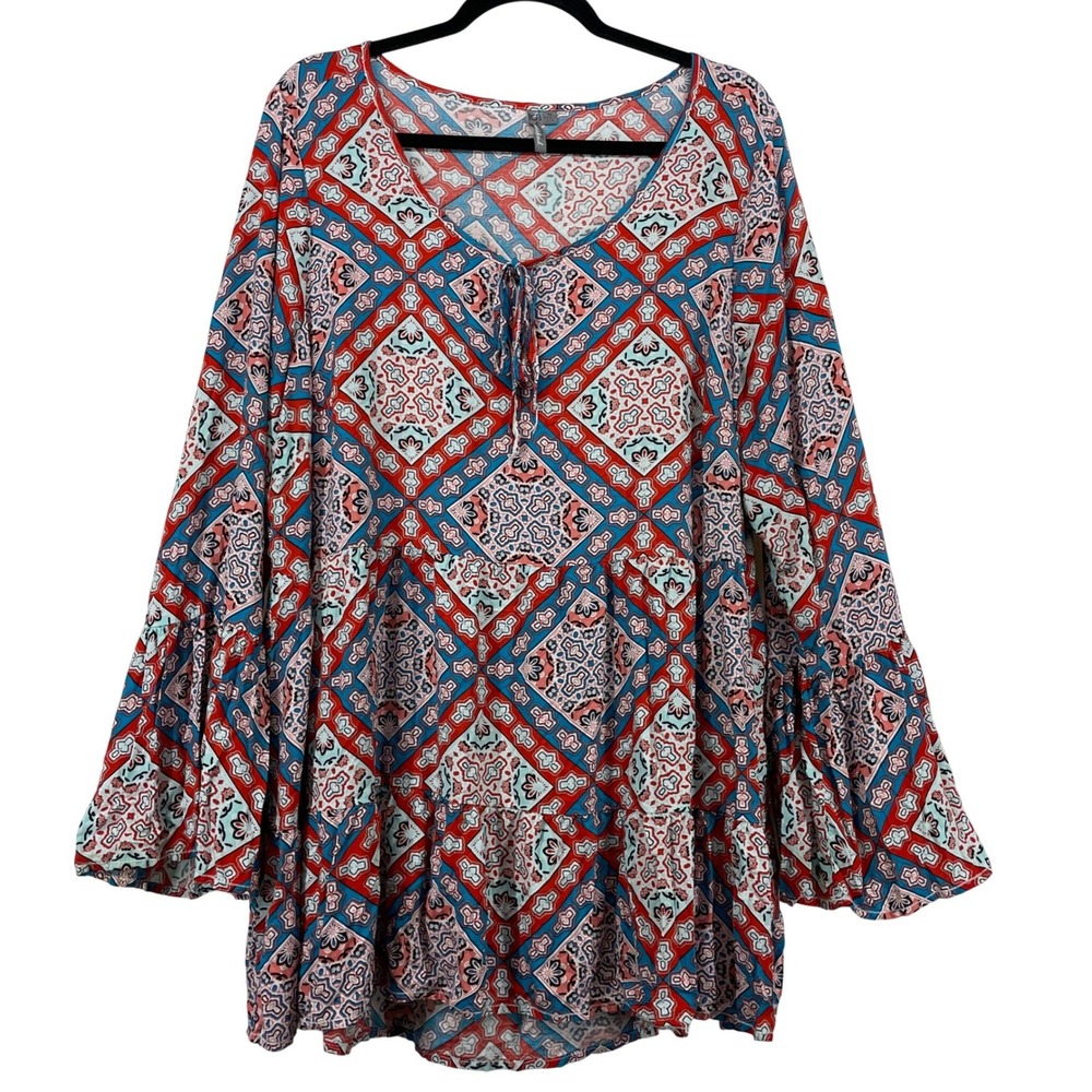 New Directions Size 1X Tunic Top Red Blue Geometric Bell Sleeve Boho V-Neck Tie
